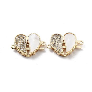 Valentine's Day Brass Micro Pave Cubic Zirconia Box Clasps, with Shell, Real 18K Gold Plated, Heart, White, 12x17x3.2mm, Hole: 1mm