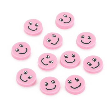 Handmade Polymer Clay Cabochons, Flat Round with Expression, Pink, 9~10x1~2mm, about 5000pcs/1000g