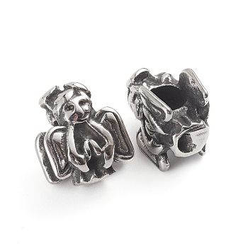 304 Stainless Steel European Beads, Large Hole Beads, Angel, Antique Silver, 14.5x12x8.8mm, Hole: 5mm