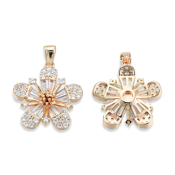 Brass Pave Clear Cubic Zirconia Pendants, with Brass Snap on Bails, Cadmium Free & Nickel Free & Lead Free, Flower, Real 18K Gold Plated, 20x18.5x5.5mm, Hole: 2x4mm