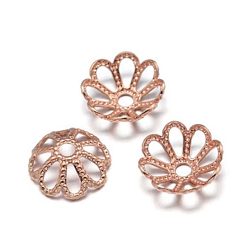 Multi-Petal Flower Brass Fancy Bead Caps, Lead Free & Nickel Free & Cadmium Free, Real Rose Gold Plated, 8x3mm, Hole: 1.5mm