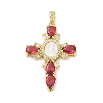 Real 18K Gold Plated Brass Micro Pave Cubic Zirconia Pendants, with Glass and Resin, Cross, Crimson, 46x31x5mm, Hole: 3.3x4.7mm
