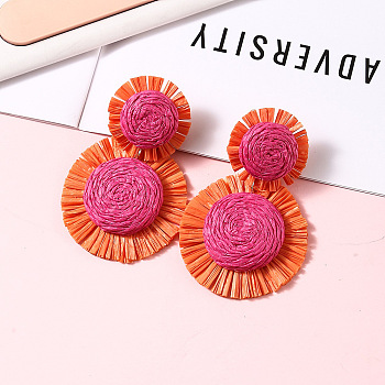 Bohemian Style Raffia Dangle Stud Earrings, Flower, Camellia, 70x45mm