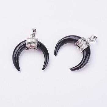 NaturalBlack Agate Pendants, with Platinum Plated Brass Findings, Dyed & Heated, Double Horn/Crescent Moon, 34x33x8.5mm, Hole: 5x7mm