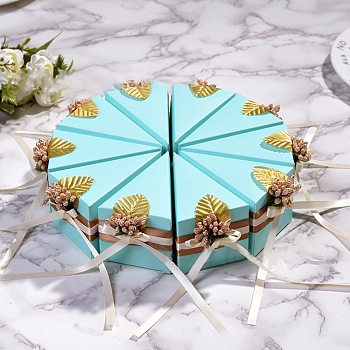 Cake-Shaped Cardboard Wedding Candy Favors Gift Boxes, with Plastic Flower and Ribbon, Triangle, Turquoise, Finish Product: 9.7x6x5.5cm
