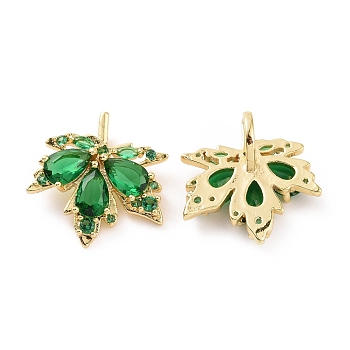 Brass Micro Pave Cubic Zirconia Pendants, Real 18K Gold Plated, Maple Leaf Charm, Green, 17x17x3mm, Hole: 2x5mm