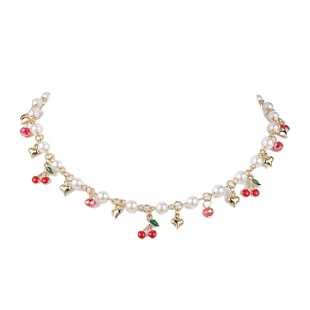 Glass Beads & Pearl Beaded Bib Necklaces, Cherry Alloy Enamel Pendant Necklaces for Women, Golden, 15.75 inch(40cm)