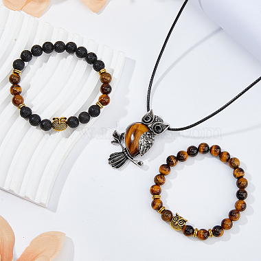 Collier à pendentif hibou en alliage fibloom et bracelets extensibles en perles(SJEW-FI0001-06)-7