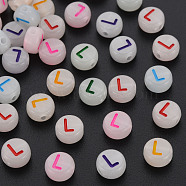 Acrylic Beads, Glow in the Dark, with Enamel and Luminous, Horizontal Hole, Flat Round with Alphabet, Letter.L, 6.5x7x4mm, Hole: 1.6mm, about 3600pcs/500g(MACR-N008-58L)