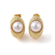304 Stainless Steel ABS Imitation Pearl Stud Earrings for Women, Real 18K Gold Plated, Oval, 20.5x13mm(EJEW-B048-01G-01)