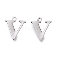 Tarnish Resistant 304 Stainless Steel Charms, Laser Cut, Alphabet, Stainless Steel Color, Letter.V, 12x10x0.8mm, Hole: 1mm(STAS-H112-V-P)