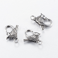 Tibetan Style Alloy Lobster Claw Clasps, Bird, Cadmium Free & Nickel Free & Lead Free, Antique Silver, 21.5x16x5mm, Hole: 2.5mm(X-TIBE-T002-25AS-NR)