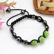 Fashion Disco Ball Bracelets, Square Knot Bracelet, with Hematte Beads and Rhinestone Clay Beads, Grade A, Peridot, 45mm(BJEW-H456-07)