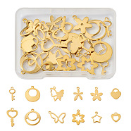 24Pcs 12 Style Stainless Steel Charms, Heart & Star & Flower, Golden, 12~20x9~20x0.8~1.2mm, Hole: 1.2~2.9mm, 2pcs/style(STAS-FW0001-30)