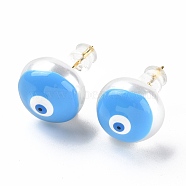 Natural Shell Evil Eye Stud Earrings with Enamel, Real 18K Gold Plated Brass Jewelry for Women, Alice Blue, 14mm, Pin: 0.8mm(EJEW-G334-06G)