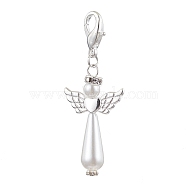 Acrylic Imitation Pearl Pendant Decorations, with Alloy Findings, Angel, Silver, 54.5mm(HJEW-JM01694)