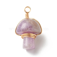 Natural Amethyst Pendants, with Real 18K Gold Plated Eco-Friendly Copper Wire Wrapped, Mushroom, 28~32x16~17x16~17mm, Hole: 3mm(PALLOY-JF01134-05)