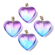 Two Tone Spray Painted Glass Pendants, with Golden Plated Iron Bails, Heart, Deep Sky Blue, 22x20.5x7mm, Hole: 6x2mm(X-GLAA-N035-016-C02)