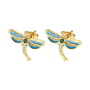 Dragonfly Real 18K Gold Plated Brass Stud Earrings, with Enamel and Cubic Zirconia, Deep Sky Blue, 9.5x13.5mm(EJEW-L269-100G-02)