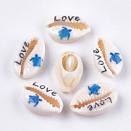 Printed Cowrie Shell Beads, No Hole/Undrilled, Sea Turtle & Love, Dodger Blue, 18~23x11~14x6.5~8mm(SHEL-S276-11B)
