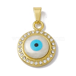 Vacuum Plating 304 Stainless Steel Pendants, with Crystal Rhinestone and Resin Shell, Flat Round with Evil Eye, Golden, 23.5x18x5.5mm, Hole: 6.5x3mm(STAS-A062-35G)