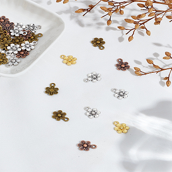 40Pcs 4 Colors Tibetan Style Zinc Alloy Pendants, Flower Charms, Mixed Color, 13x9.2x4.5mm, Hole: 1.8mm, 10pcs/colors