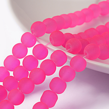 Transparent Glass Bead Strands, Frosted, Round, Deep Pink, 6mm, Hole: 1.3~1.6mm, about 140pcs/strand, 31.4 inch