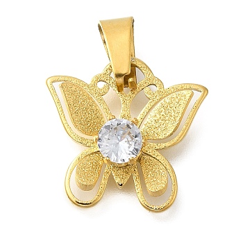 304 Stainless Steel Pendants, with Crystal Rhinestone, Butterfly Charm, Real 18K Gold Plated, 17x18x5.5mm, Hole: 7.5x3.5mm