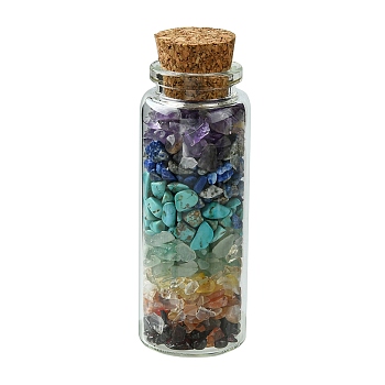 Glass Wishing Bottle Decoration, Chakra Healing Bottles, Wicca Gem Stones Balancing, with Synthetic & Natural Mixed Gemstone Beads Drift Chips inside, 27x77mm