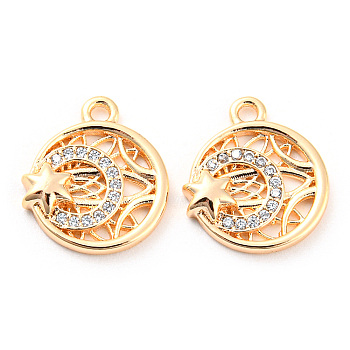 Brass Micro Pave Cubic Zirconia Charms, Flat Round, Real 18K Gold Plated, 12.5x11x2mm, Hole: 1.2mm