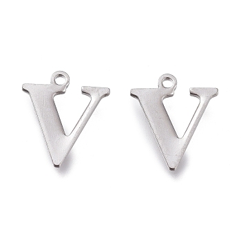 304 Stainless Steel Charms, Laser Cut, Alphabet, Stainless Steel Color, Letter.V, 12x10x0.8mm, Hole: 1mm