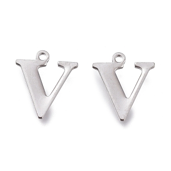 Tarnish Resistant 304 Stainless Steel Charms, Laser Cut, Alphabet, Stainless Steel Color, Letter.V, 12x10x0.8mm, Hole: 1mm