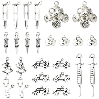 40Pcs 8 Styles Tibetan Style Alloy Pendants, Paramedic Pendants, Medical Theme, Antique Silver, 13~61.5x6.5~27.5x2~7.5mm, Hole: 1.2~4.5mm, 5pcs/style