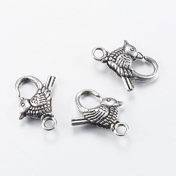 Tibetan Style Alloy Lobster Claw Clasps, Bird, Cadmium Free & Nickel Free & Lead Free, Antique Silver, 21.5x16x5mm, Hole: 2.5mm