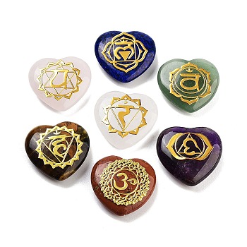 7 Chakra Natural Gemstone Ornaments, Love Heart Stone for Reiki Energy Balancing Meditation Gift, 19.5x20x6.5mm, 7pcs/set