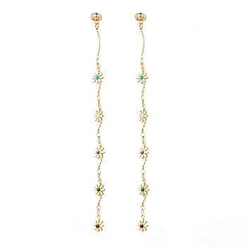 Brass Enamel Chain Tassel Earrings, with 304 Stainless Steel Stud Earring Findings and Iron Ear Nuts, Flower,  Colorful, Real 18K Gold Plated, 122mm, Pin: 0.6mm