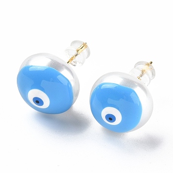Natural Shell Evil Eye Stud Earrings with Enamel, Real 18K Gold Plated Brass Jewelry for Women, Alice Blue, 14mm, Pin: 0.8mm