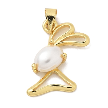 Rack Plating Brass Pendants, with ABS Imitation Pearl, Long-Lasting Plated, Lead Free & Cadmium Free, Real 18K Gold Plated, Rabbit, 19.5x17x5.5mm, Hole:4.5x3.5mm