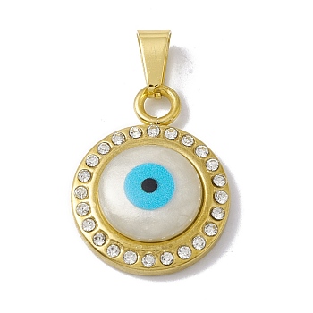 Vacuum Plating 304 Stainless Steel Pendants, with Crystal Rhinestone and Resin Shell, Flat Round with Evil Eye, Golden, 23.5x18x5.5mm, Hole: 6.5x3mm