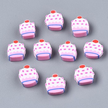 Handmade Polymer Clay Beads, Cake, Pearl Pink, 9~10x9~10x4mm, Hole: 1.2mm