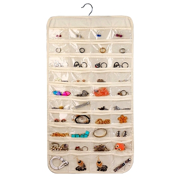 Non-Woven Fabrics Jewelry Hanging Bag, Wall Shelf Wardrobe Jewelry Roll, with Rotating Hook and Transparent PVC 80 Grids, Rectangle, Moccasin, 84.5x42.5x0.4cm