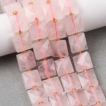 Natural Rose Quartz Beads Strands, Faceted, Square, with Seed Beads, 10.5x10.5x4.5~5.5mm, Hole: 1mm, about 31pcs/strand, 14.76~15.16''(37.5~38.5cm)