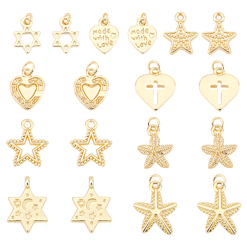 PandaHall Elite 18Pcs 9 Style Alloy Pendants, Long-Lasting Plated, with Jump Ring, Mixed Shapes, Real 18K Gold Plated, 12.5~20x9~15.5x1.6~2.7mm, hole: 2~3.5mm, 2pcs/style