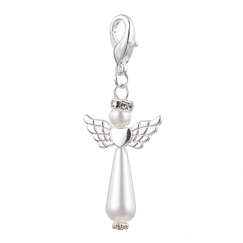 Acrylic Imitation Pearl Pendant Decorations, with Alloy Findings, Angel, Silver, 54.5mm