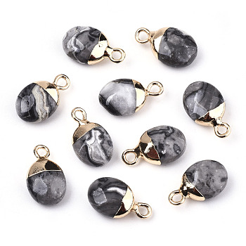 Natural Map Stone/Picasso Stone/Picasso Jasper Charms, Top Light Gold Plated, with Iron Loop, Oval, Faceted, 14~15x8x5mm, Hole: 1.8mm