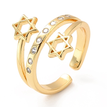 Clear Cubic Zirconia Star of David Cuff Ring, Brass Jewelry for Women, Cadmium Free & Lead Free, Golden, US Size 6 1/2(16.9mm)