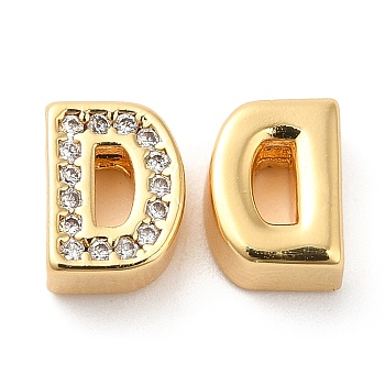 Brass Micro Pave Cubic Zirconia Beads, Real 18K Gold Plated, Letter D, 8x6x3.5mm, Hole: 1.2mm