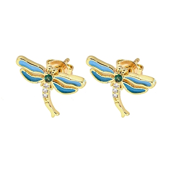 Dragonfly Real 18K Gold Plated Brass Stud Earrings, with Enamel and Cubic Zirconia, Deep Sky Blue, 9.5x13.5mm