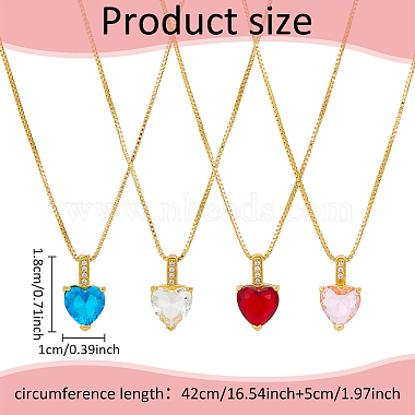 4Pcs 4 Colors Cubic Zirconia Heart Pendant Necklaces Set with Golden Brass Box Chains(NJEW-AN0001-78)-2