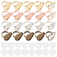 20Pcs 4 colors Adjustable Brass Finger Rings Components, Pad Ring Base Settings, Heart, with 20Pcs Transparent Glass Heart Cabochons, Mixed Color, Tray: 24x25.3mm, 2~5mm, US Size 6~11(17~21mm), 5pcs/color(KK-DC0002-53)
